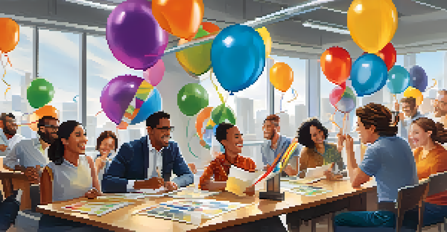 A team celebrating their creative achievements with awards and smiles in a bright office.