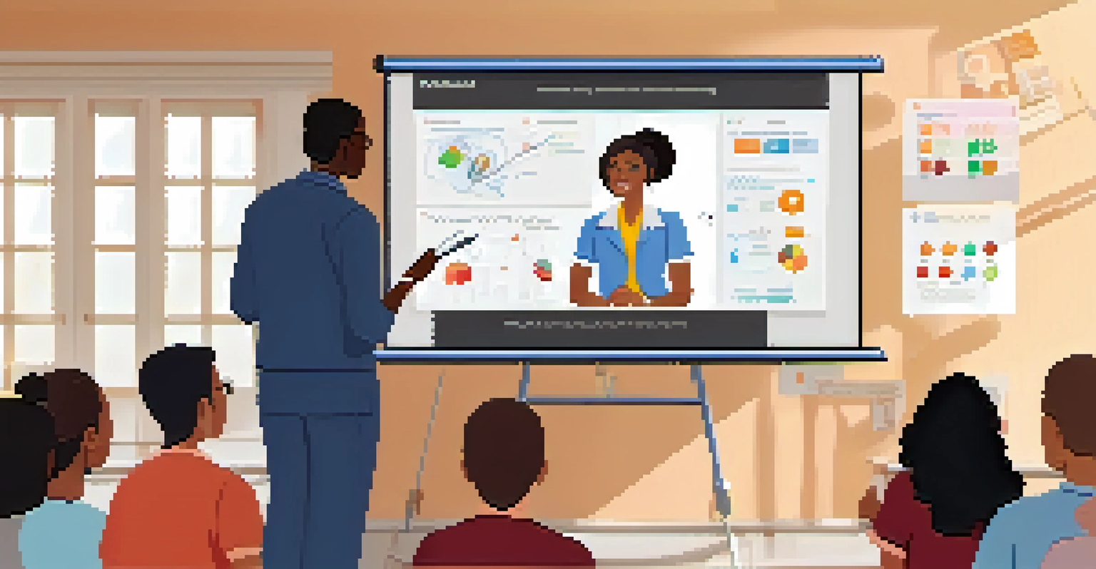 An online classroom with a teacher presenting to students on a video call, featuring visual aids and charts on a digital whiteboard.