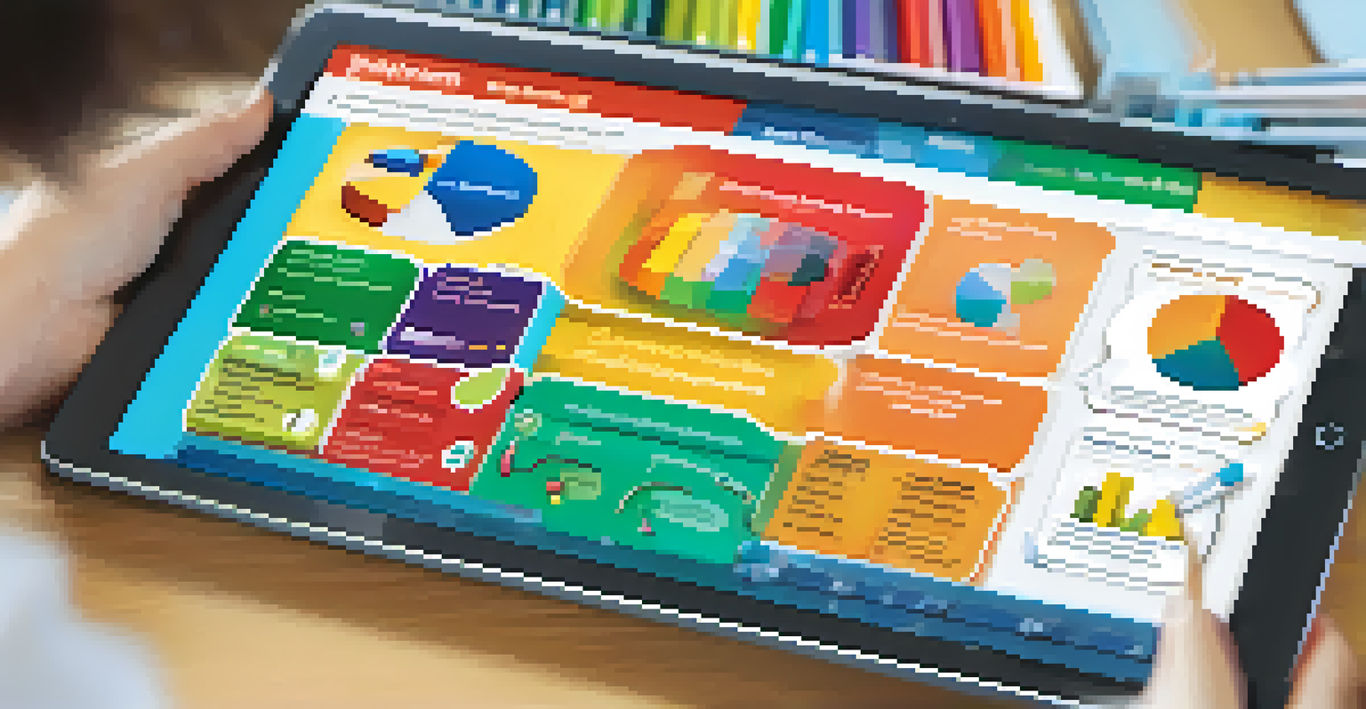 A close-up of a digital assessment interface on a tablet, displaying interactive elements like videos and quizzes against a blurred classroom background.