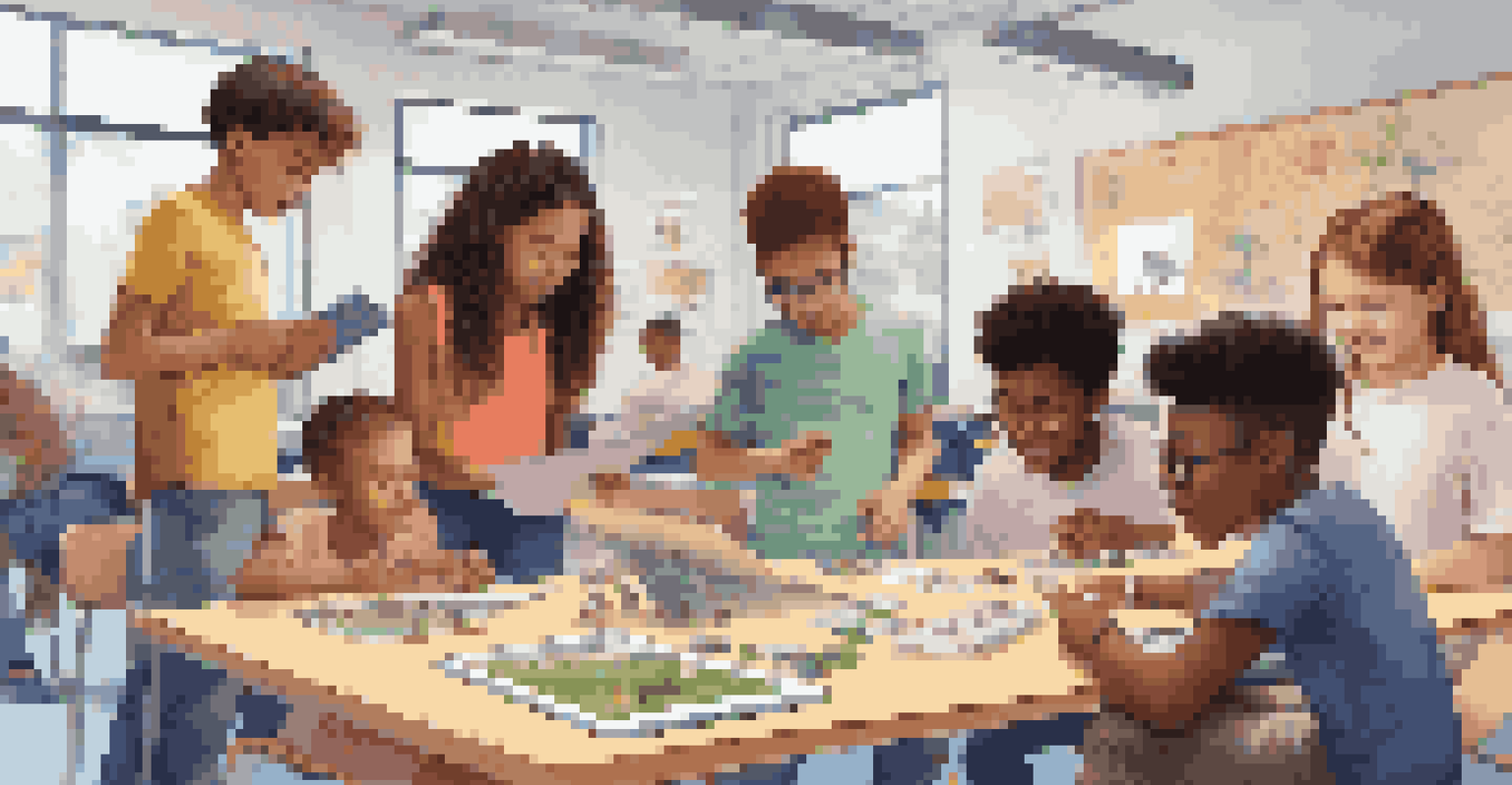 A diverse group of students collaborating on an augmented reality vocabulary activity with 3D models of animals in a classroom.