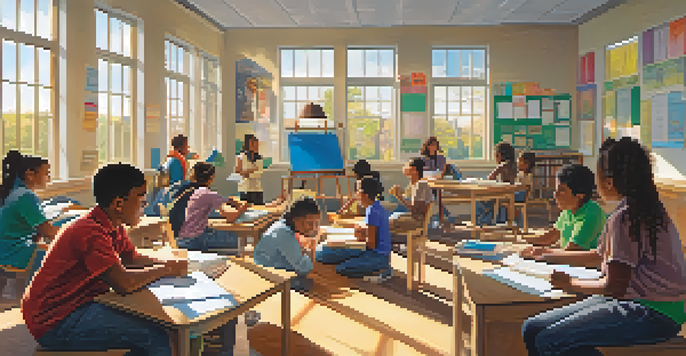 A diverse group of students sitting in a circle in a bright classroom, collaborating on a project with colorful materials around them.