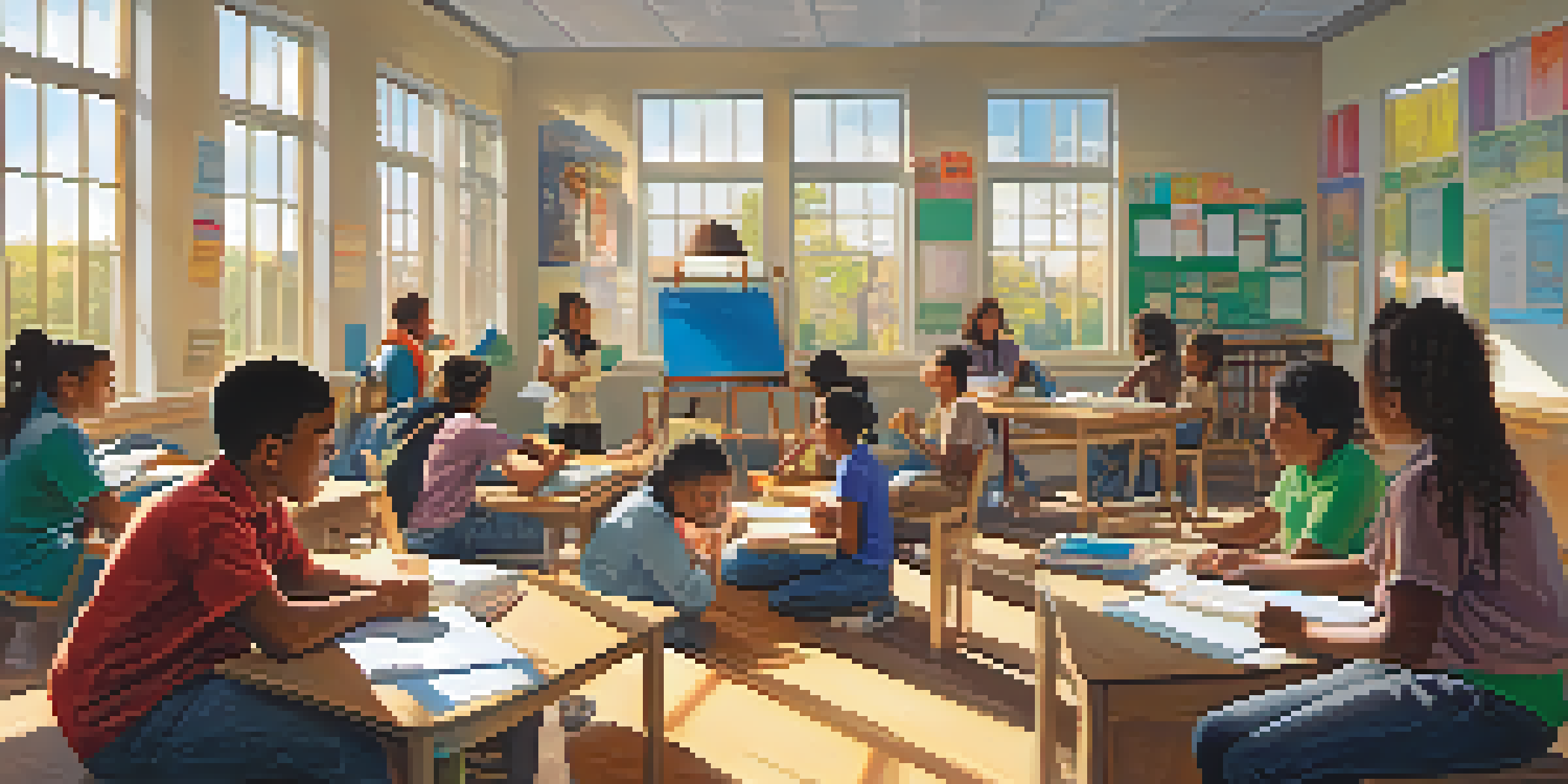 A diverse group of students sitting in a circle in a bright classroom, collaborating on a project with colorful materials around them.