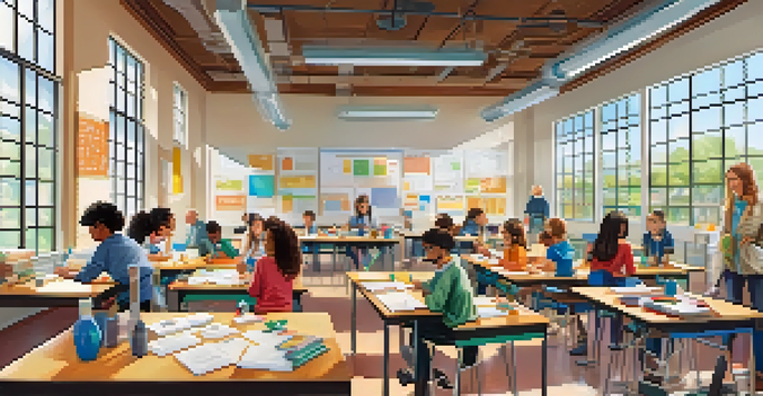 A lively classroom scene with students engaged in group discussions and experiments, emphasizing inquiry-based learning.