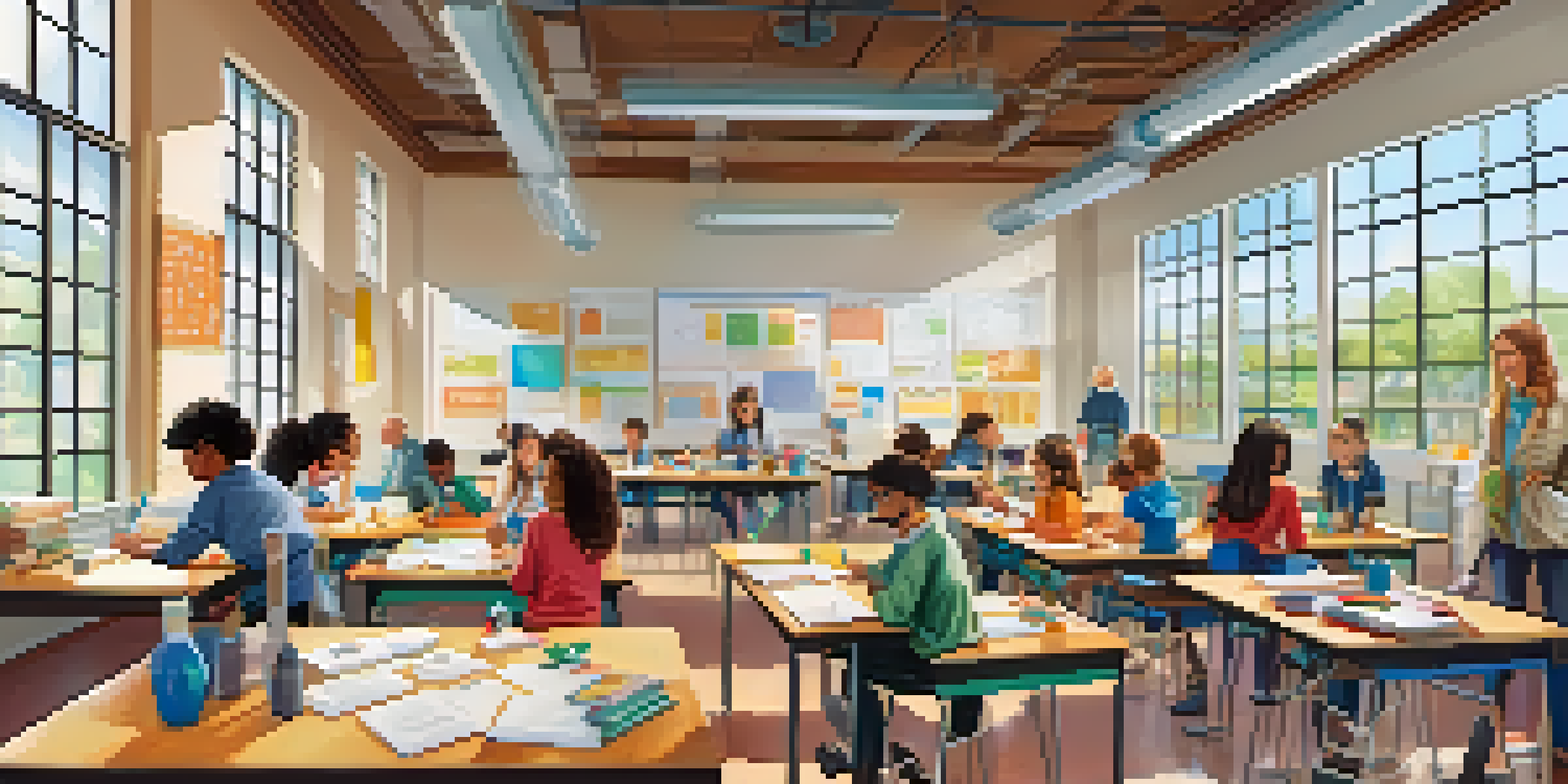 A lively classroom scene with students engaged in group discussions and experiments, emphasizing inquiry-based learning.