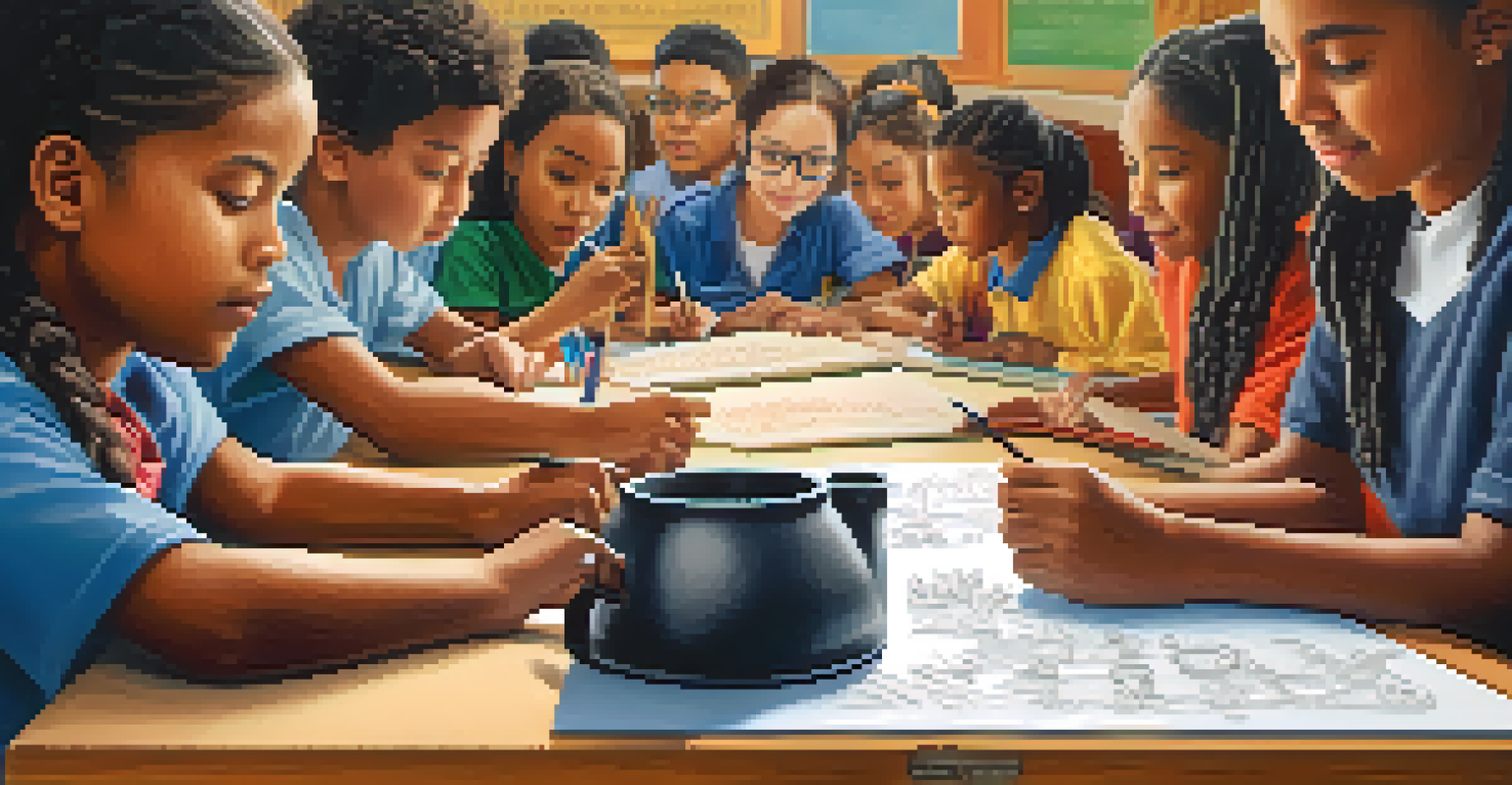 A teacher writing on a chalkboard with multicultural symbols, while engaged students are visible in the background.