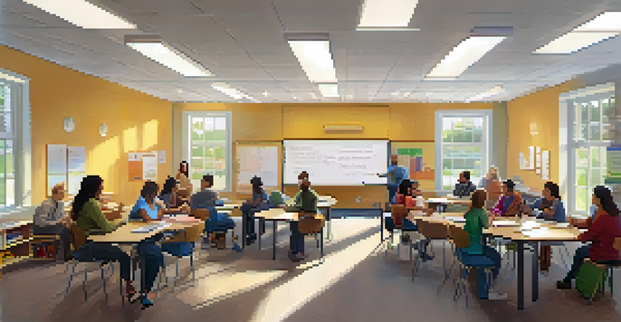 A classroom with adult learners engaged in discussion, surrounded by natural light and a circular table arrangement.
