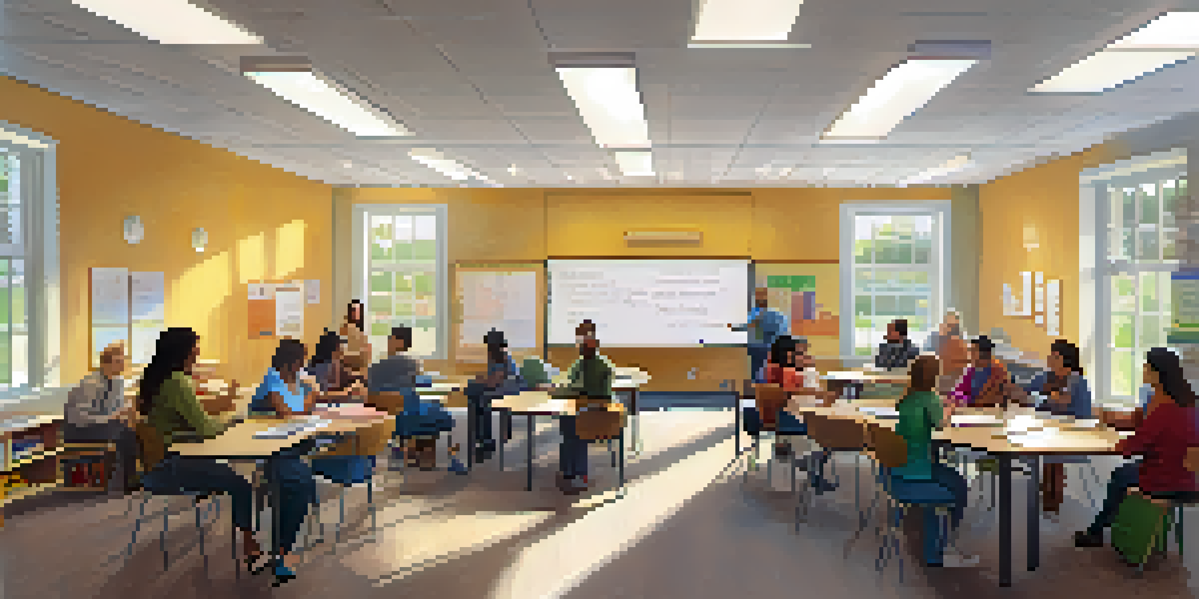 A classroom with adult learners engaged in discussion, surrounded by natural light and a circular table arrangement.