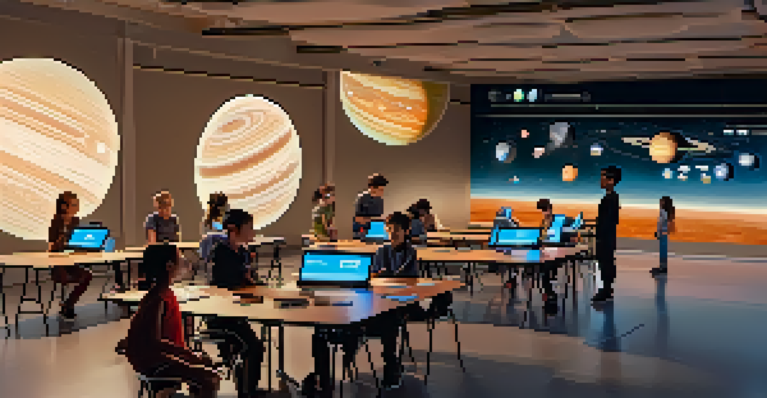 Students in a dimly lit room using augmented reality devices to explore a virtual solar system, engaged in discussion.