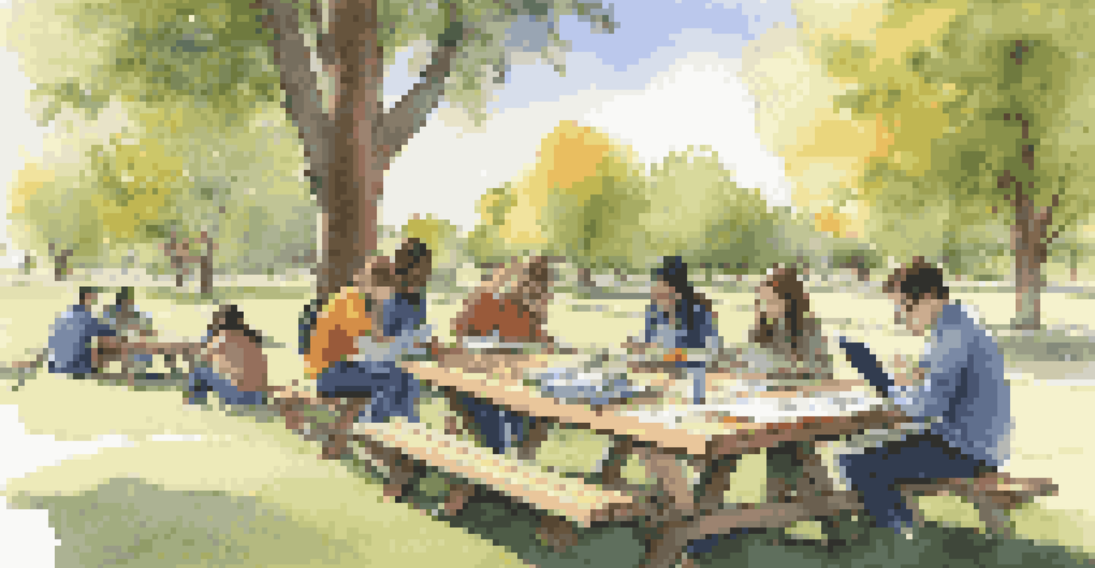 Students collaborating on a project outdoors at a picnic table with laptops and notebooks, surrounded by nature.