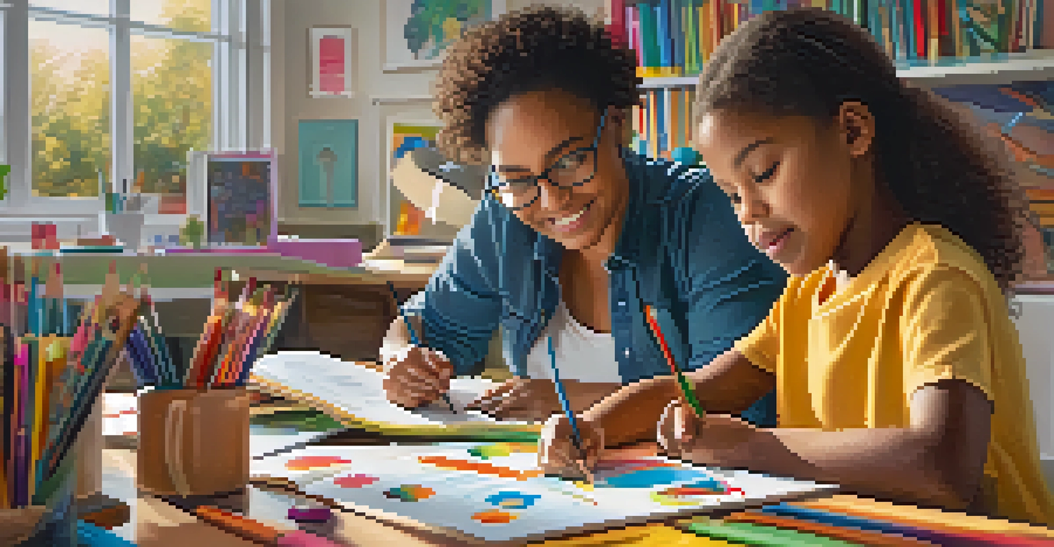 A parent and child collaborating on a learning project at home, surrounded by educational materials in a warm and inviting workspace.