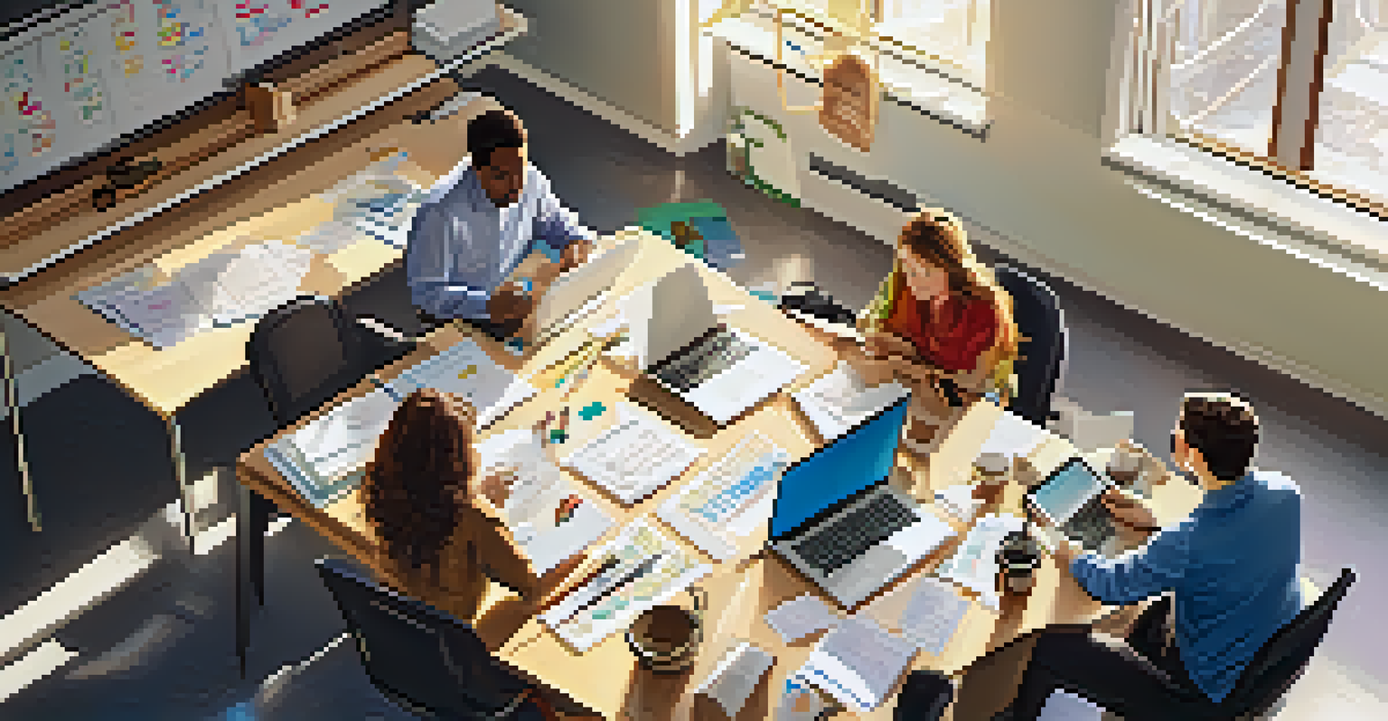 An overhead view of educators sharing resources in a collaborative workspace with laptops, papers, and sunlight streaming through a window.