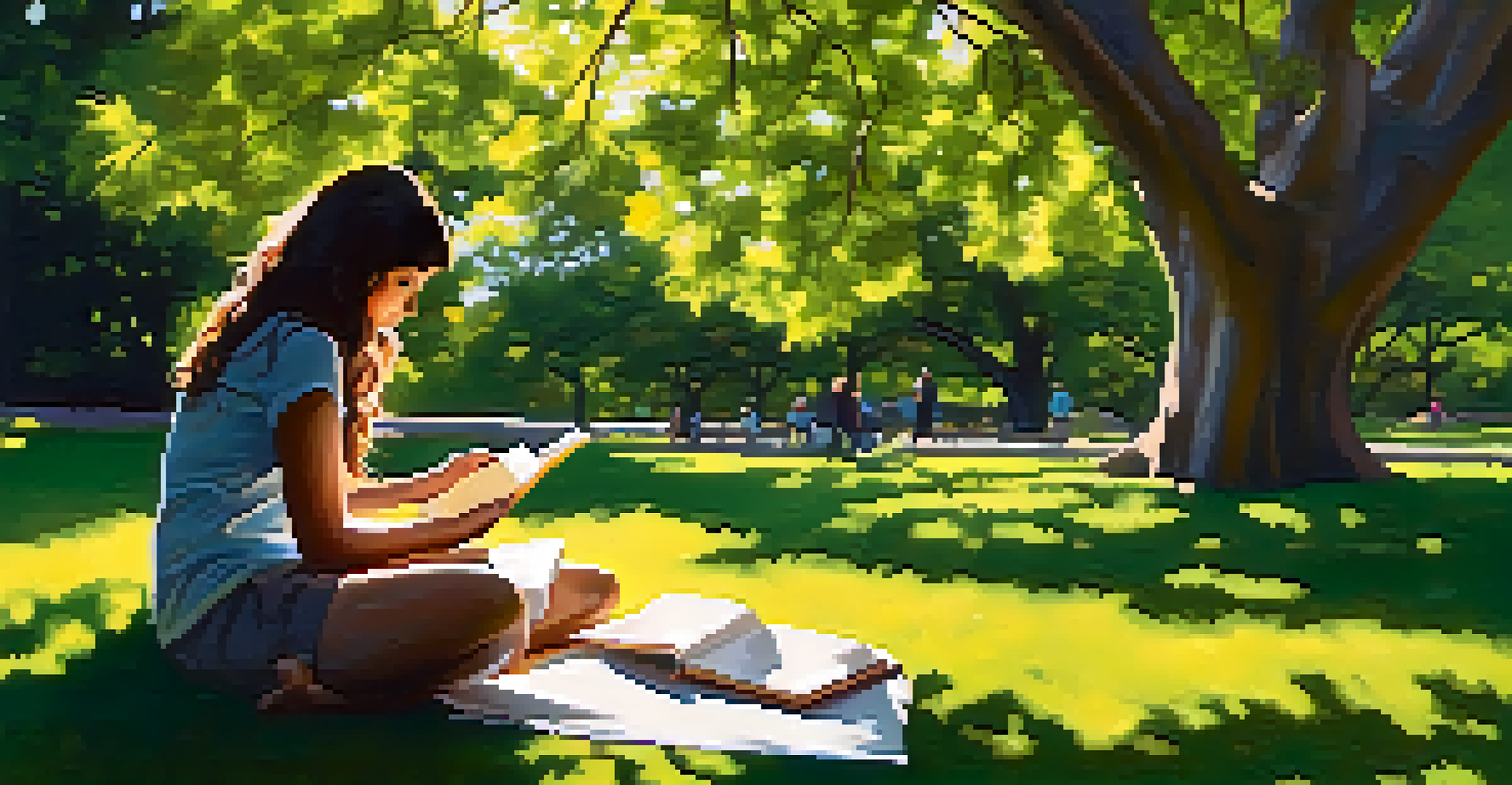 A person journaling under a tree in a park, surrounded by green grass and vibrant flowers, with sunlight filtering through the leaves.