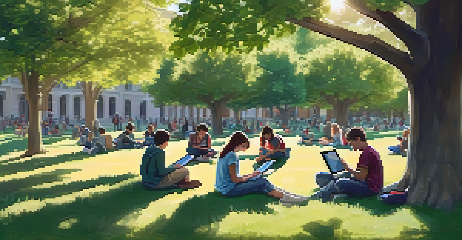 Students engaged in mobile learning outdoors, using tablets while sitting under a tree on a sunny day.