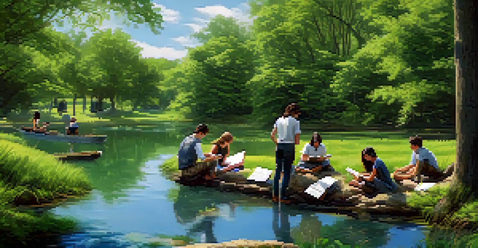 Students working together outdoors to study a local waterway, taking notes and using tablets in a lush green environment.