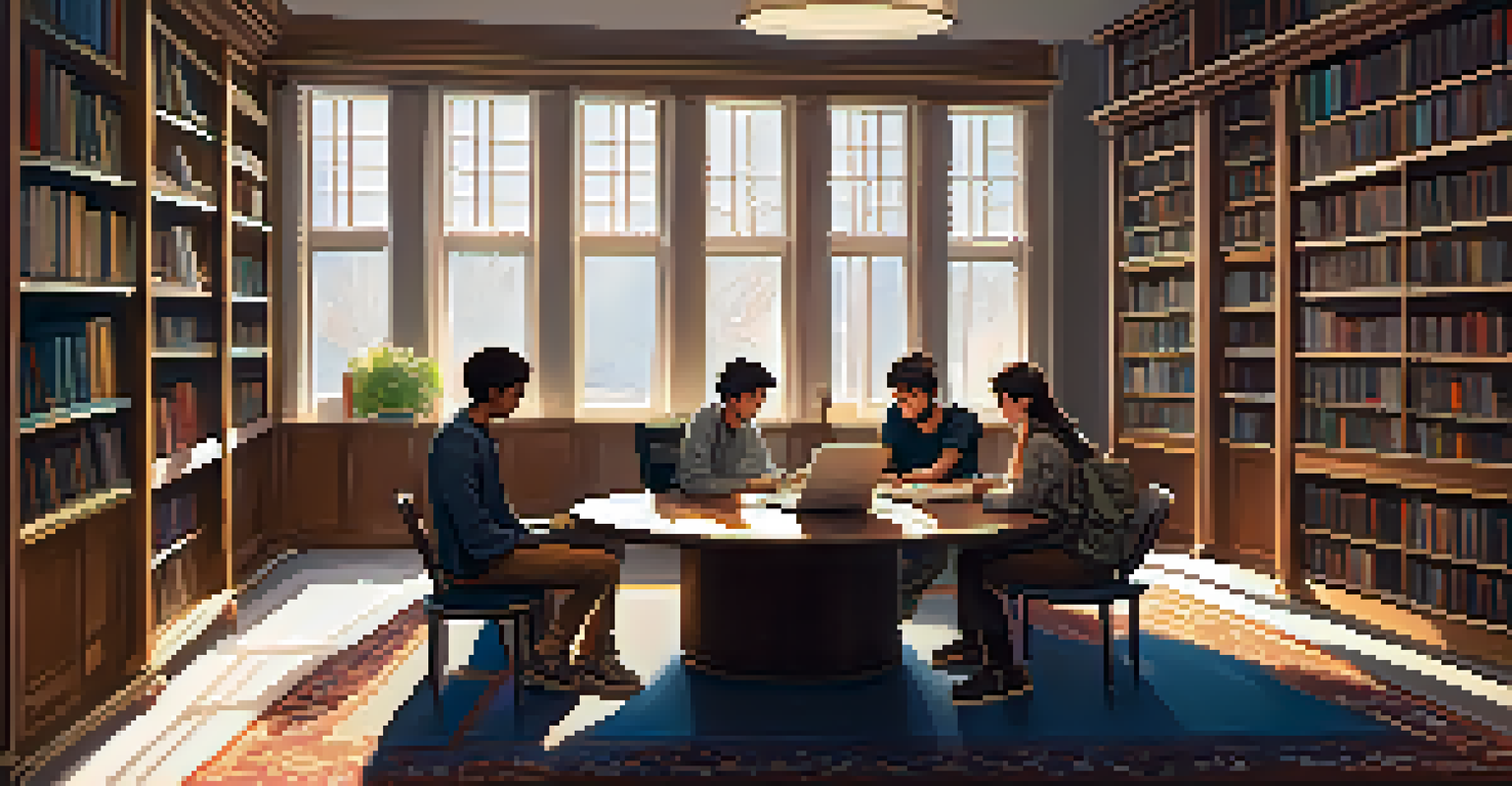 Students collaborating in a cozy library corner, using laptops and notebooks in a comfortable study area.