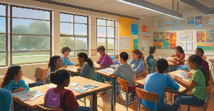 A diverse group of students collaborating in a bright classroom, discussing a project with enthusiasm.