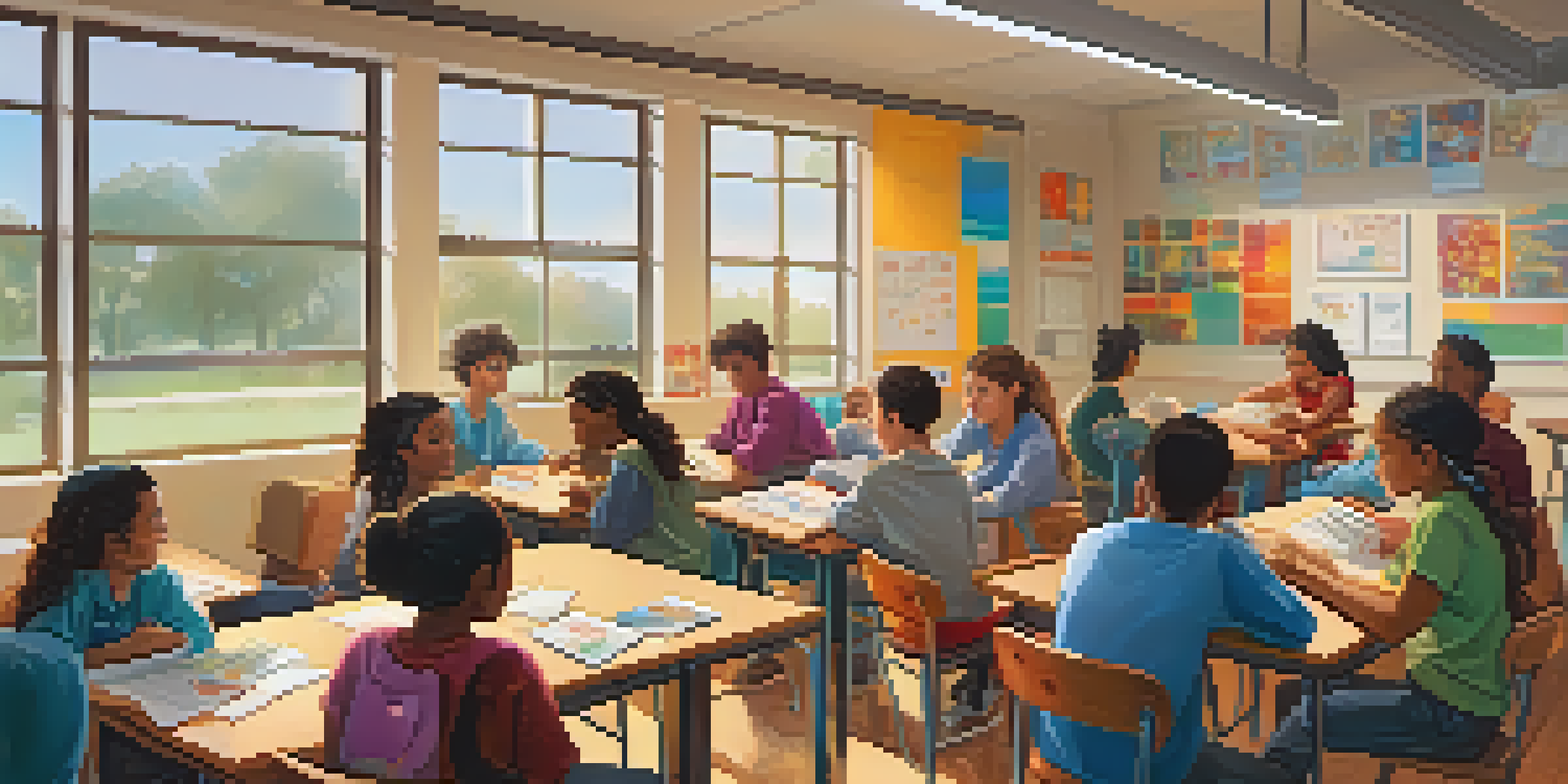 A diverse group of students collaborating in a bright classroom, discussing a project with enthusiasm.