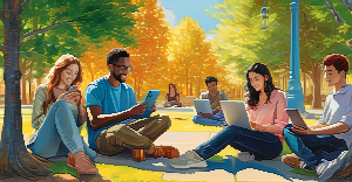 A diverse group of people enjoying digital devices in a park, with symbols representing digital rights in the background.