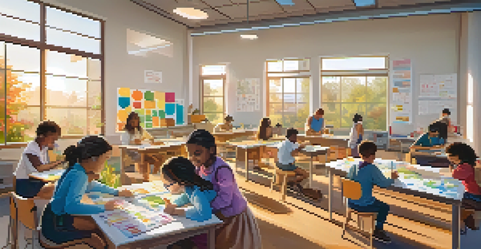 A lively classroom filled with diverse students conducting a science experiment, with sunlight streaming in and educational materials around.
