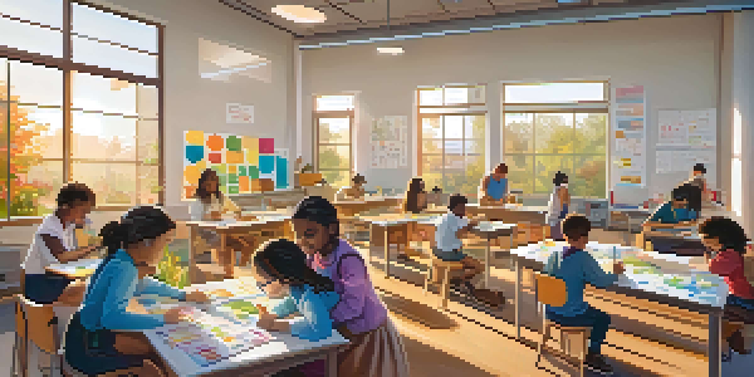 A lively classroom filled with diverse students conducting a science experiment, with sunlight streaming in and educational materials around.