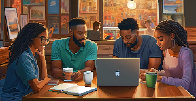 A cozy cafe scene with a diverse group of individuals working on digital storytelling projects, surrounded by warm lighting and colorful decor.