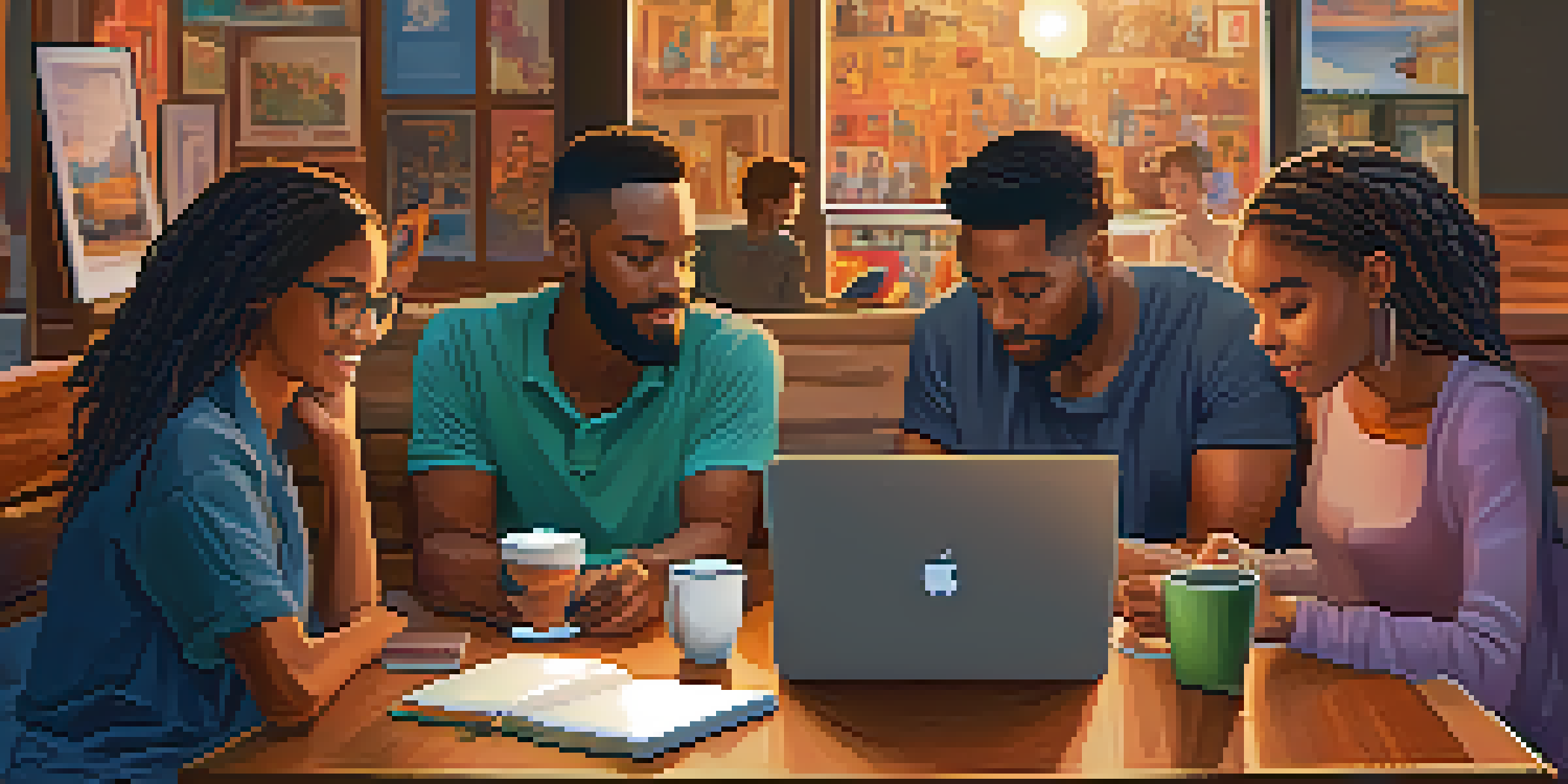 A cozy cafe scene with a diverse group of individuals working on digital storytelling projects, surrounded by warm lighting and colorful decor.