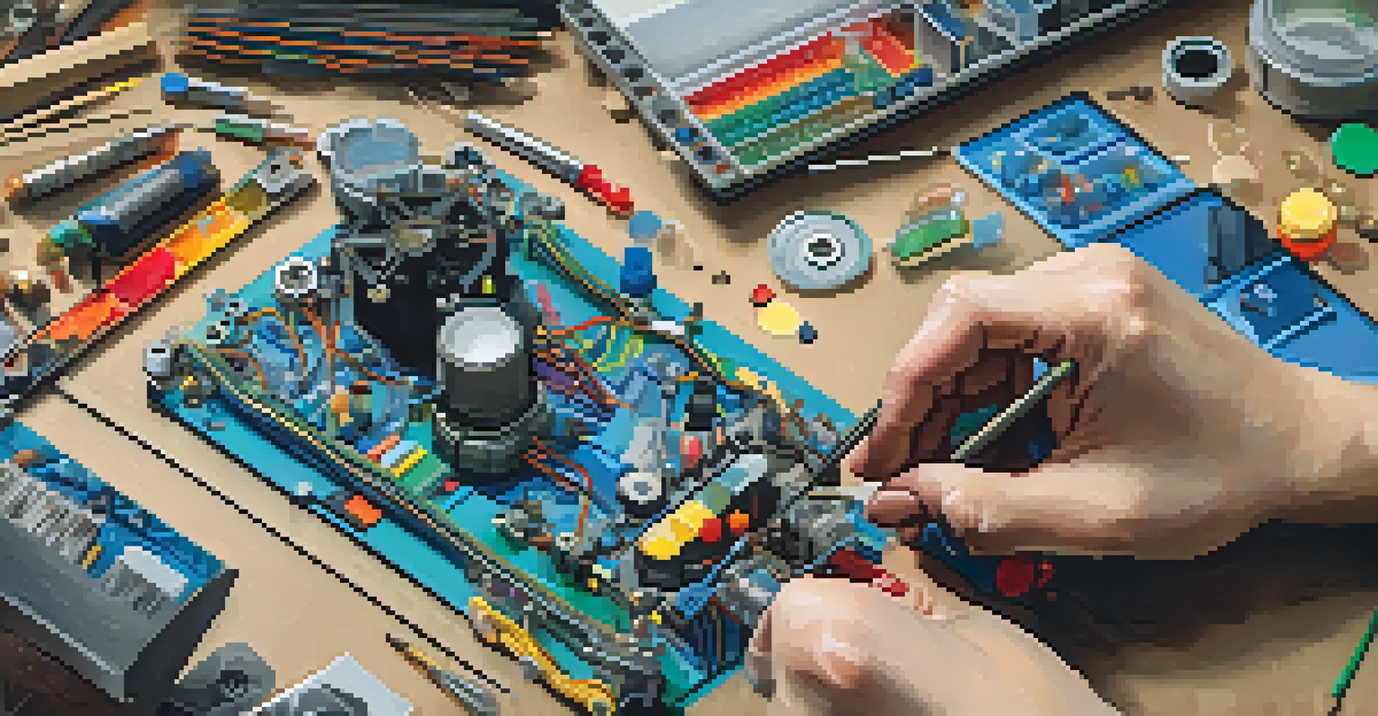 A close-up view of hands engaged in a STEAM project, with one hand painting and the other assembling electronic components, surrounded by tools and art materials.