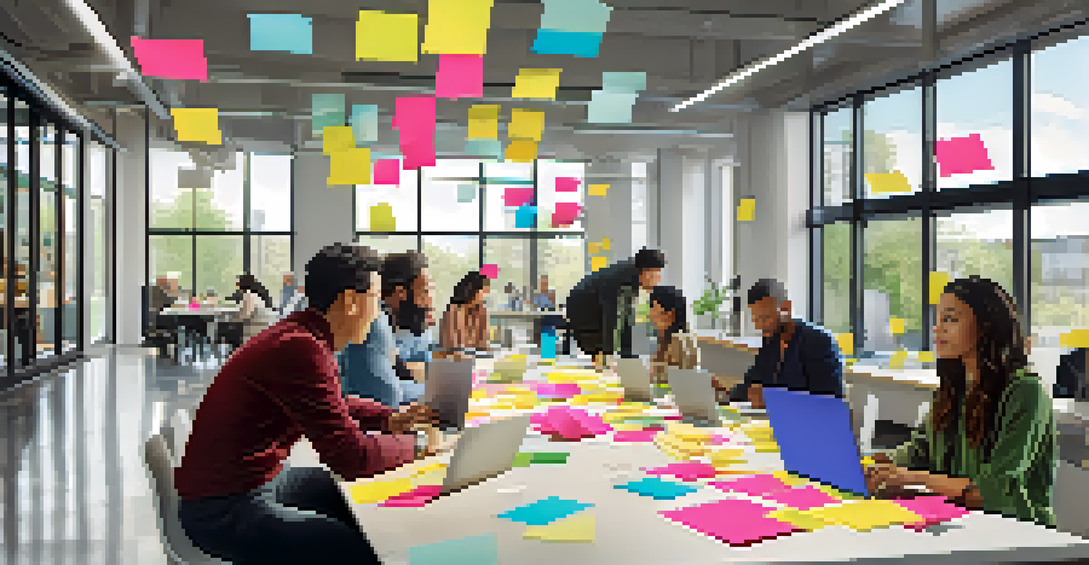 A diverse group of people discussing and brainstorming around a table in a modern workspace.