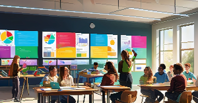 A lively classroom with students collaborating on visual aids, colorful charts, and digital screens, illuminated by sunlight.