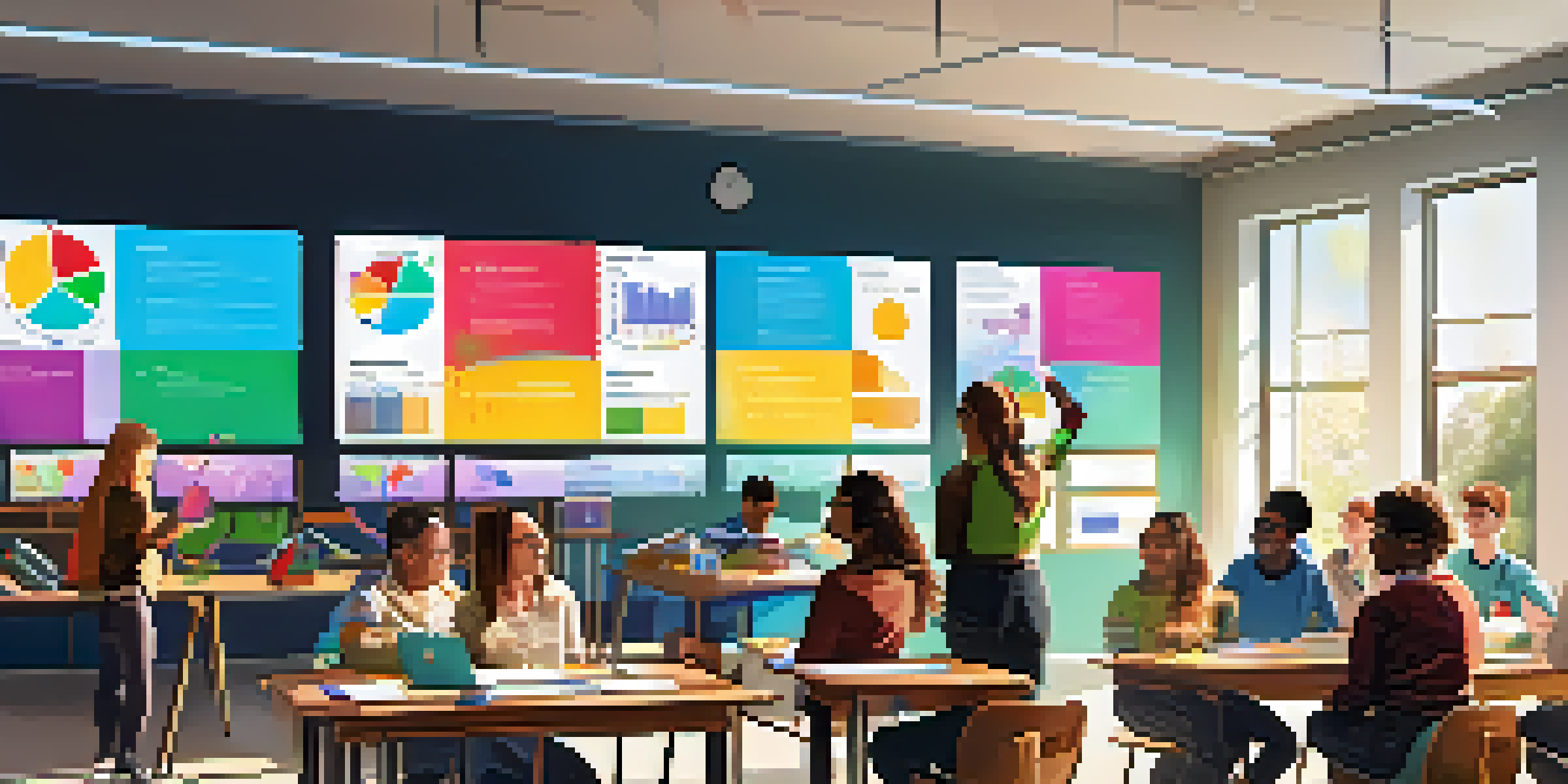 A lively classroom with students collaborating on visual aids, colorful charts, and digital screens, illuminated by sunlight.