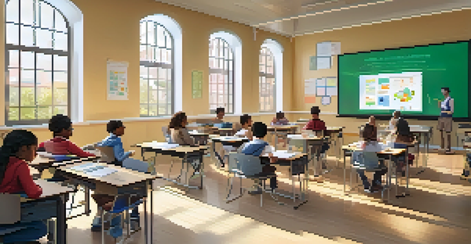 A diverse group of students using AI tools in a bright and organized classroom under the guidance of a teacher.