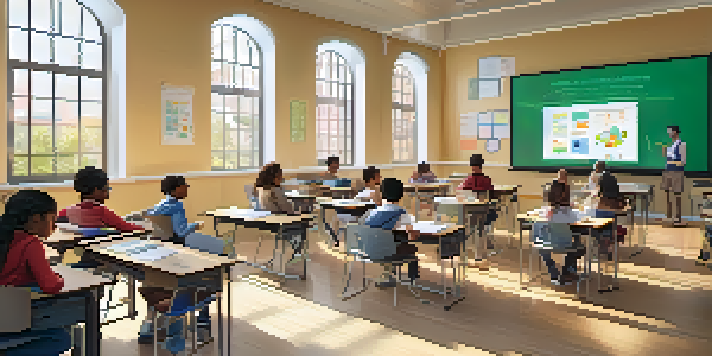 A diverse group of students using AI tools in a bright and organized classroom under the guidance of a teacher.