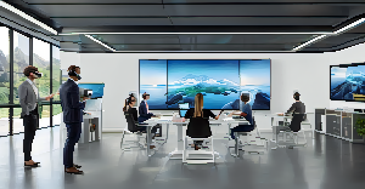 Employees engaged in a VR corporate training session in a modern office setting, collaborating and interacting with virtual scenarios.