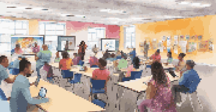 A lively community center where diverse individuals are attending a digital literacy workshop, engaging with technology and learning together.