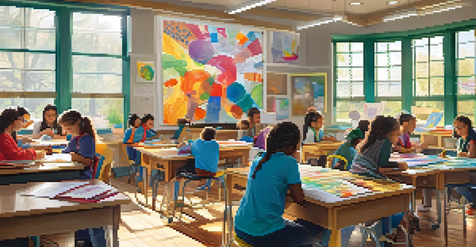 A lively classroom where students of different backgrounds collaborate on projects, surrounded by colorful educational materials and sunlight streaming through windows.