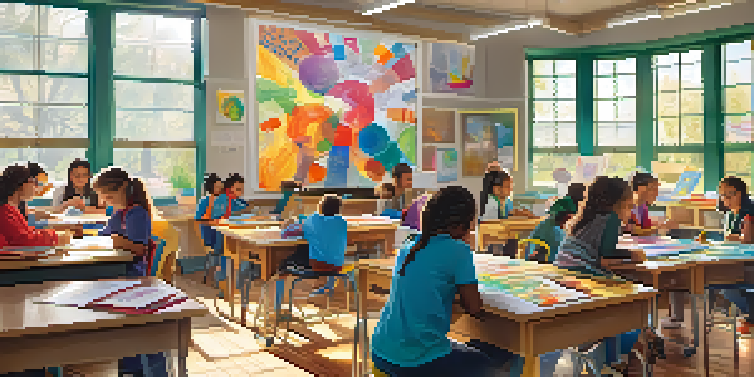 A lively classroom where students of different backgrounds collaborate on projects, surrounded by colorful educational materials and sunlight streaming through windows.