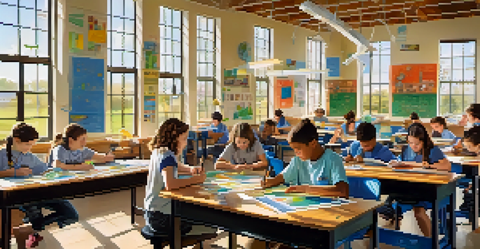 Students engaged in hands-on STEM learning activities in a colorful rural classroom with sunlight streaming through windows.