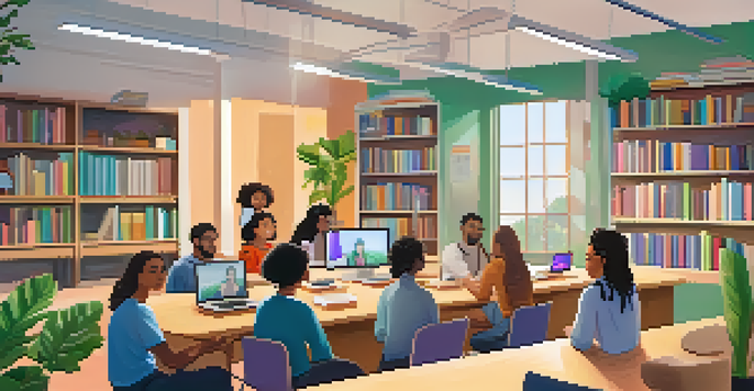 A diverse group of students engaged in a video conference, displaying various emotions in a cozy online learning environment with bookshelves and plants.