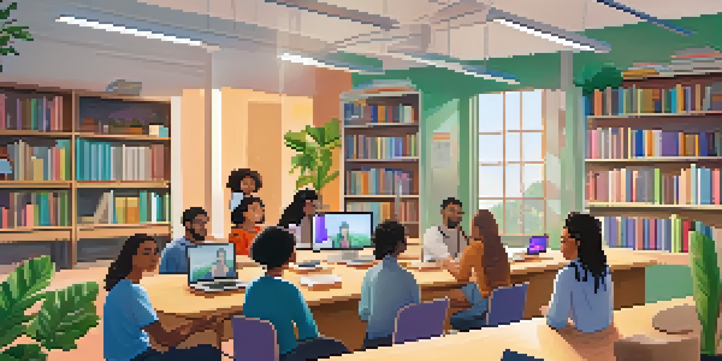 A diverse group of students engaged in a video conference, displaying various emotions in a cozy online learning environment with bookshelves and plants.