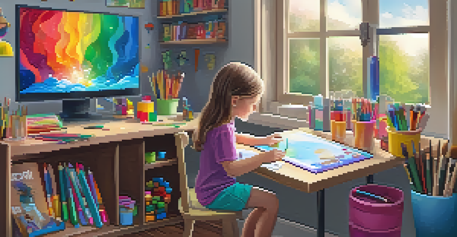 A child in a cozy room watching a tutorial on a tablet, surrounded by art supplies and colorful drawings.