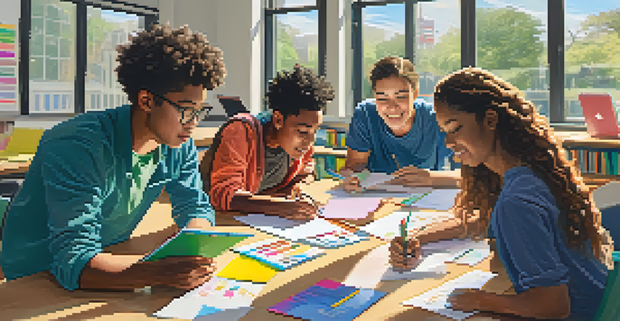 A diverse group of students collaborating around a large table, brainstorming ideas with laptops and sticky notes in a bright classroom.