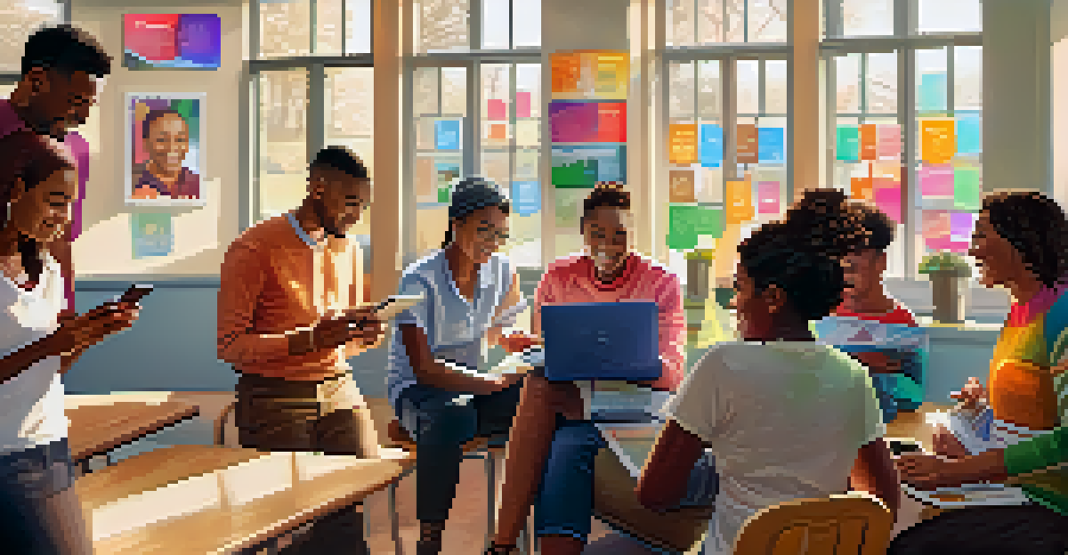 A diverse group of people at a community center showcasing their Open Badges on smartphones, with colorful banners in the background.
