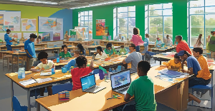 A lively classroom with diverse teachers collaborating on a STEM workshop, surrounded by educational materials and bright natural light.