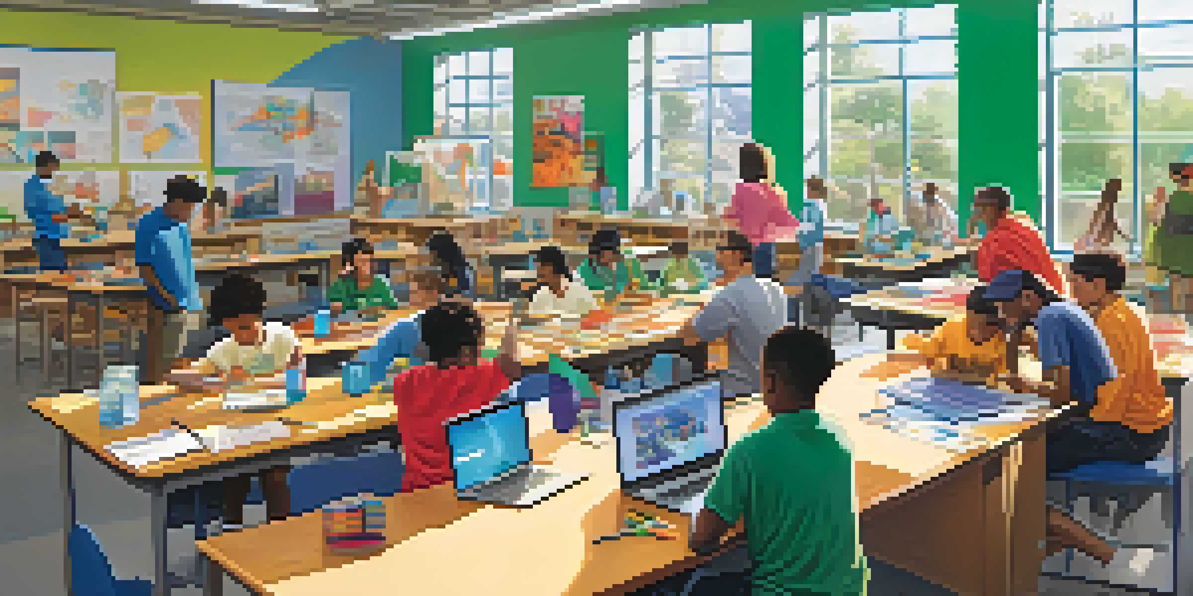 A lively classroom with diverse teachers collaborating on a STEM workshop, surrounded by educational materials and bright natural light.