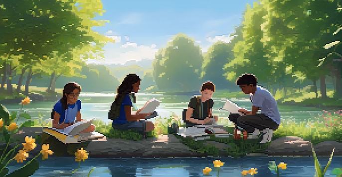 A group of diverse students working together on a science project outdoors, collecting water samples from a river with scientific equipment around them.