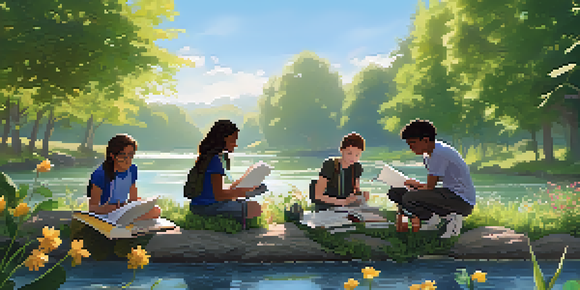 A group of diverse students working together on a science project outdoors, collecting water samples from a river with scientific equipment around them.