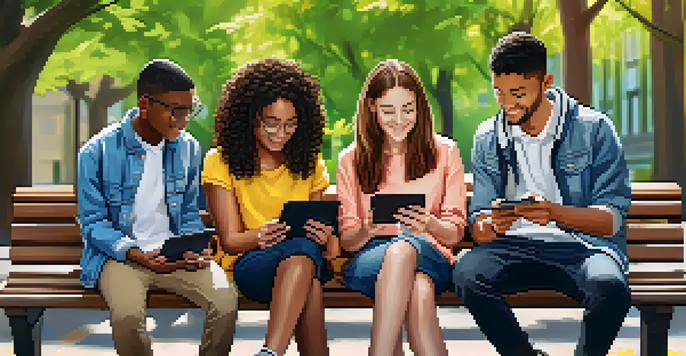 A group of diverse students using mobile devices for learning in a sunny outdoor setting, surrounded by trees.