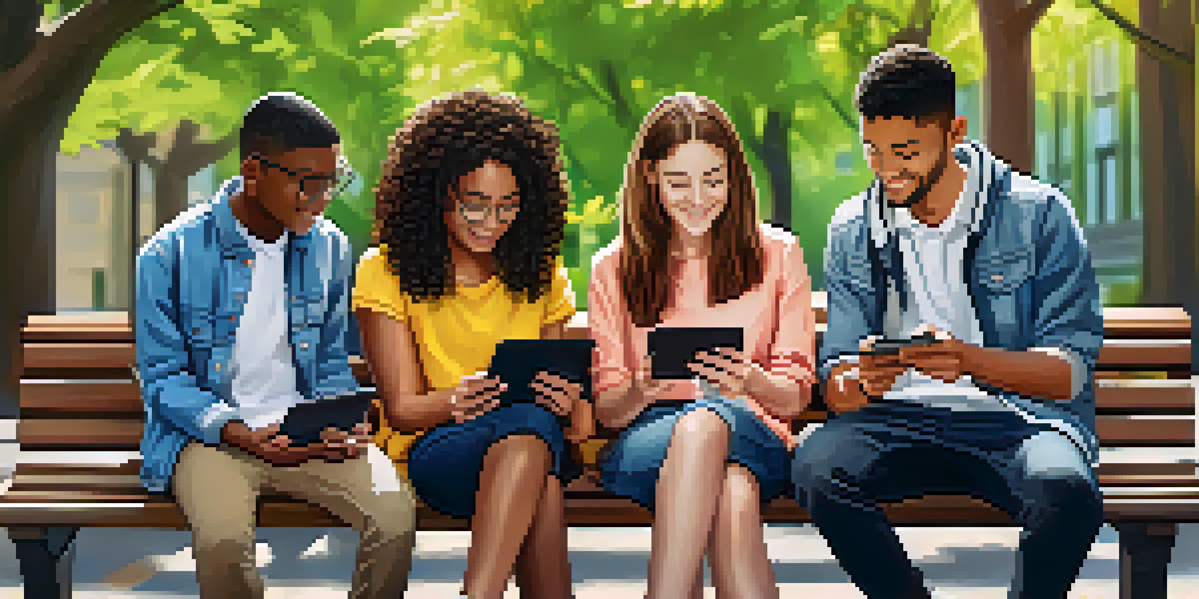 A group of diverse students using mobile devices for learning in a sunny outdoor setting, surrounded by trees.
