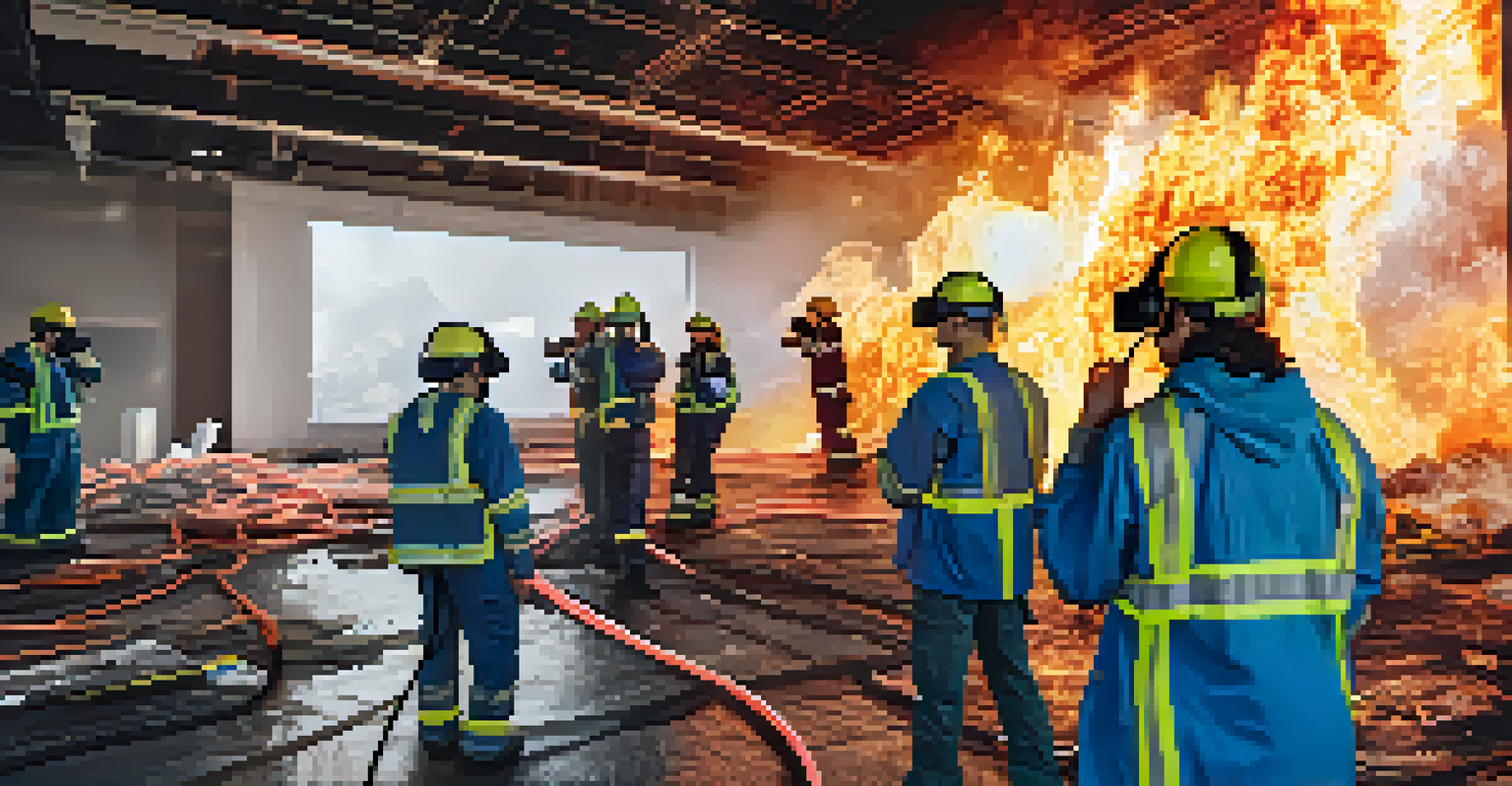 Employees wearing virtual reality headsets engaged in a disaster response training scenario, surrounded by realistic virtual hazards.