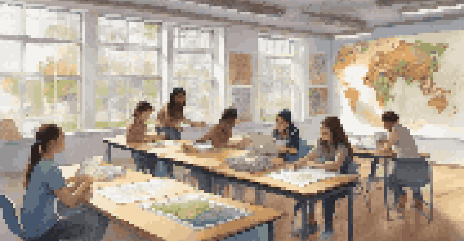 Students in a classroom collaborating on a global citizenship project, surrounded by educational materials and warm lighting.
